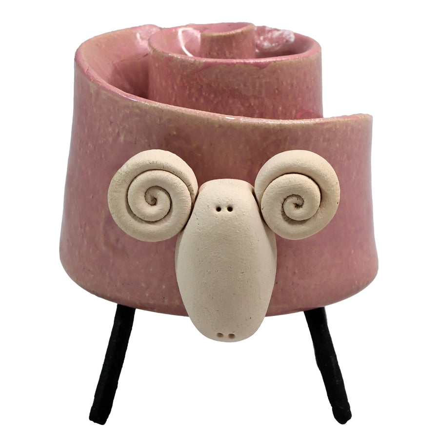 Pink Ceramic Ram Sculpture With Spiral Horns And Black Iron Legs