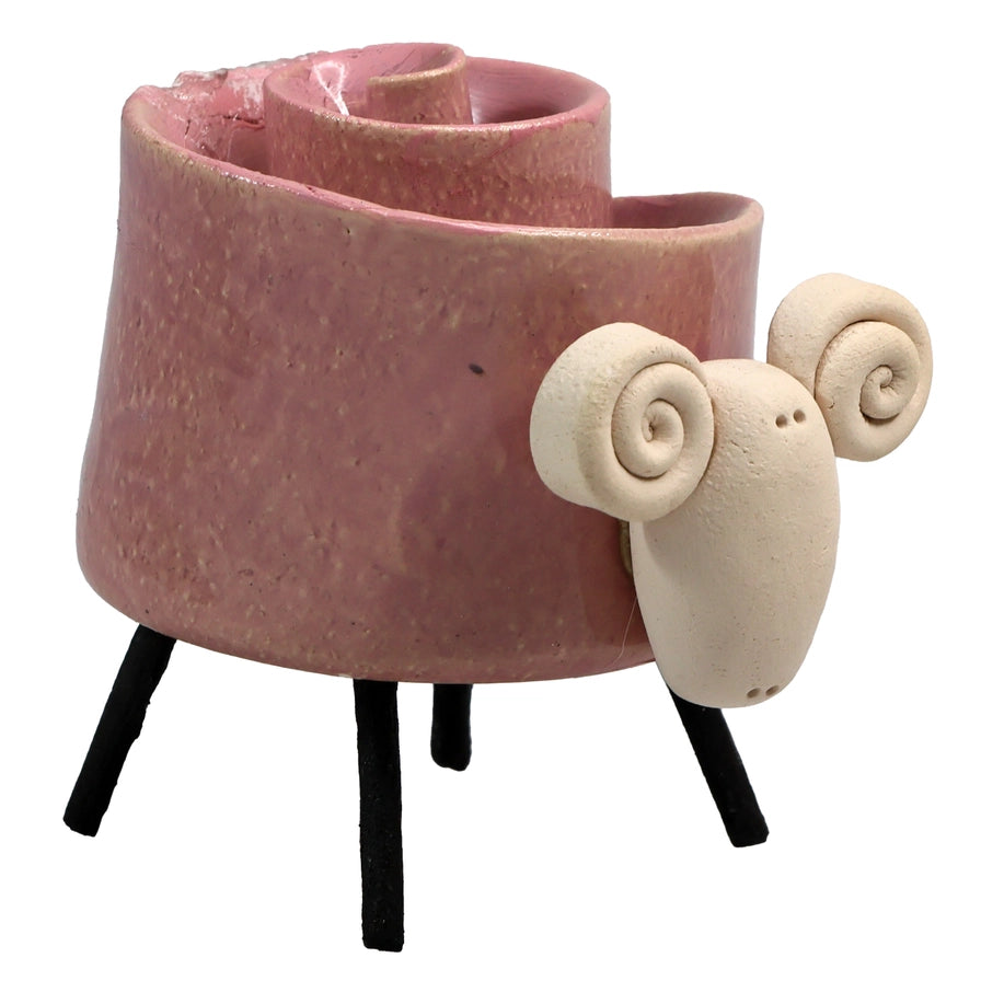Pink Ceramic Ram Sculpture With Spiral Horns And Black Iron Legs