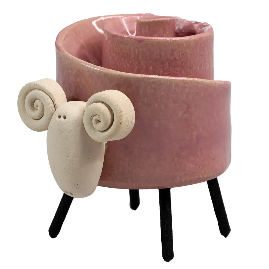 Pink Ceramic Ram Sculpture With Spiral Horns And Black Iron Legs