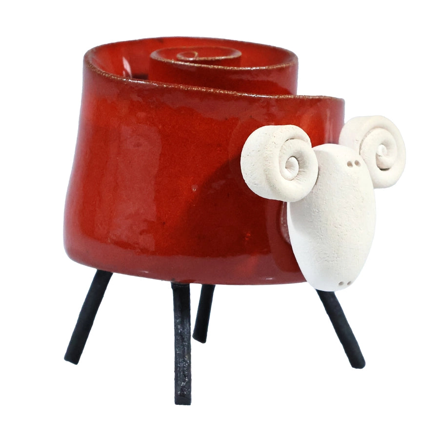 Red Ceramic Ram Sculpture With Spiral Horns And Black Iron Legs