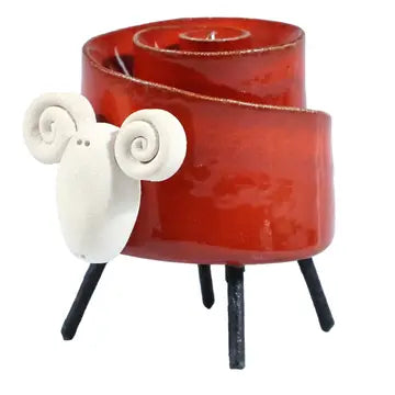 Red Ceramic Ram Sculpture With Spiral Horns And Black Iron Legs
