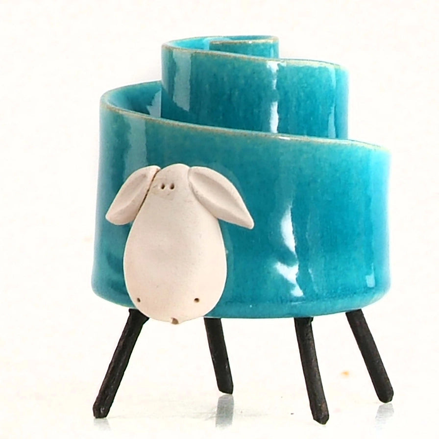 Blue Ceramic Sheep Table Sculpture With Spiral Back And Iron Legs