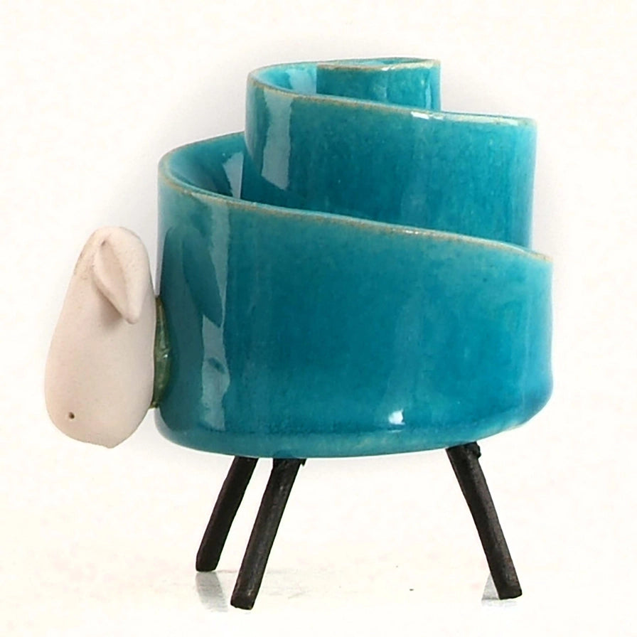 Blue Ceramic Sheep Table Sculpture With Spiral Back And Iron Legs