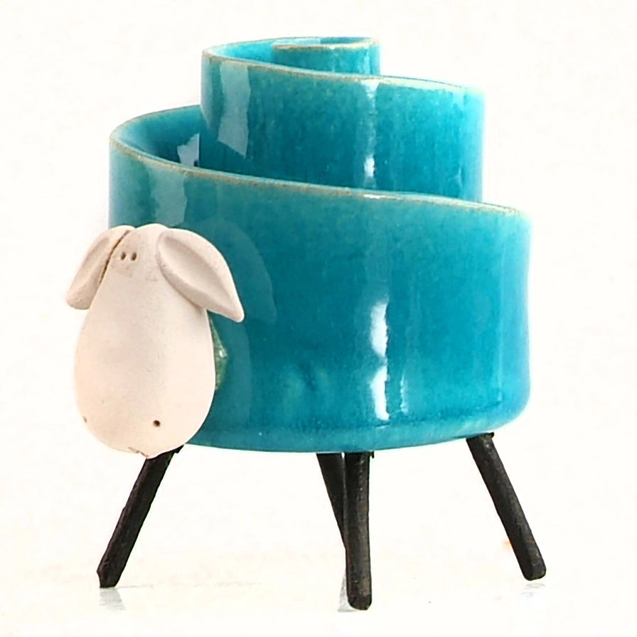 Blue Ceramic Sheep Table Sculpture With Spiral Back And Iron Legs