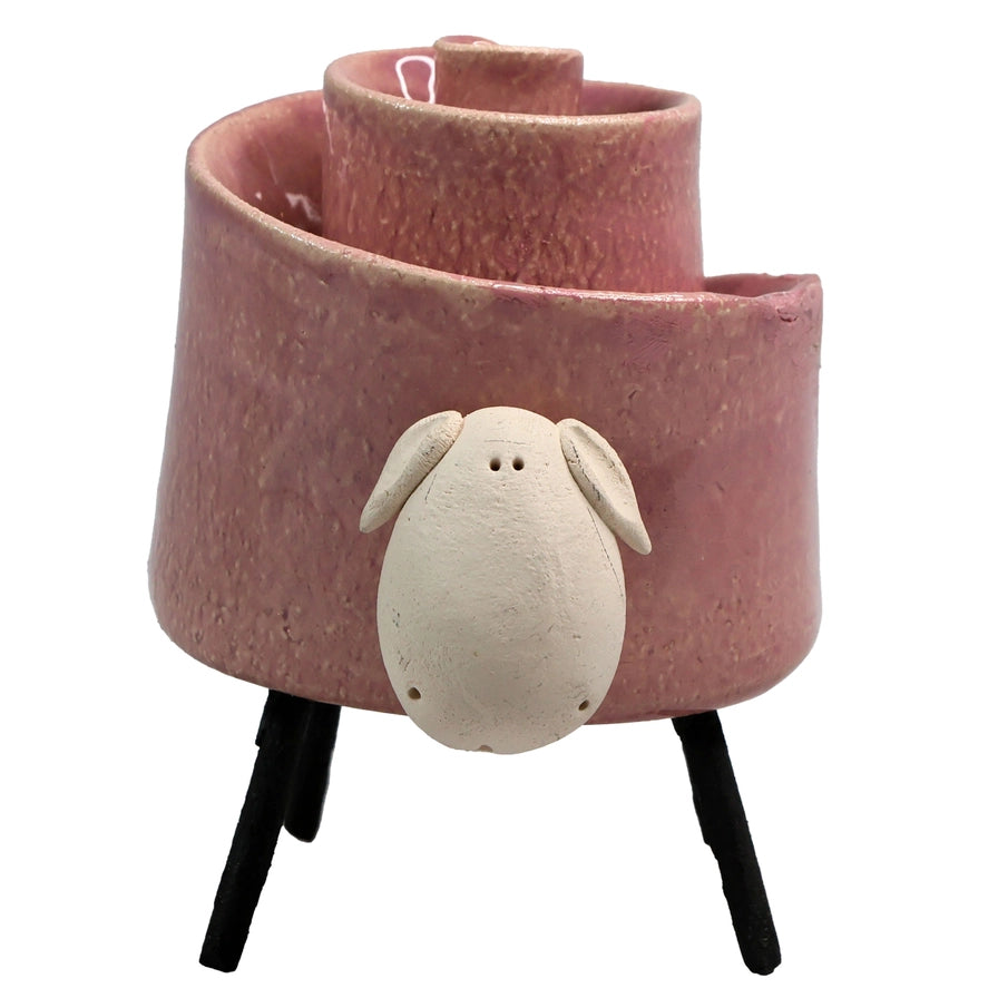 Pink Ceramic Sheep Table Sculpture With Spiral Back And Iron Legs