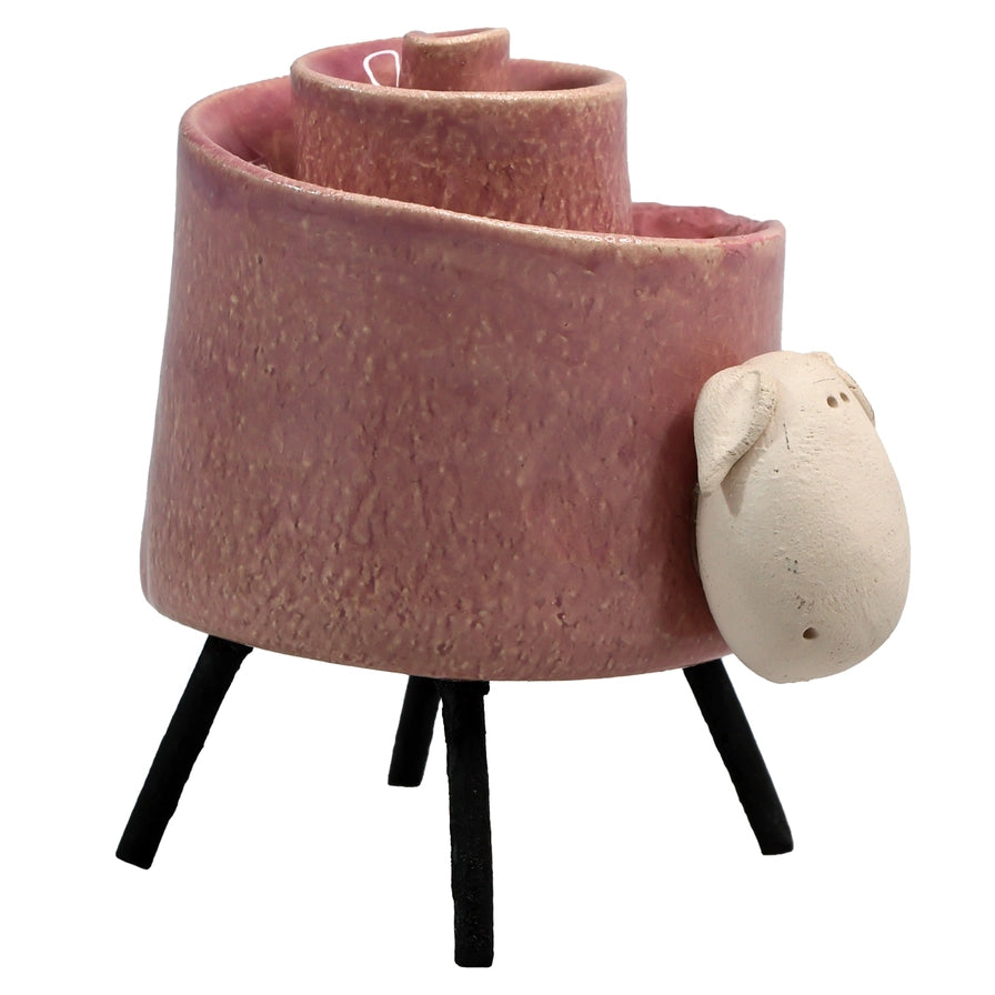 Pink Ceramic Sheep Table Sculpture With Spiral Back And Iron Legs