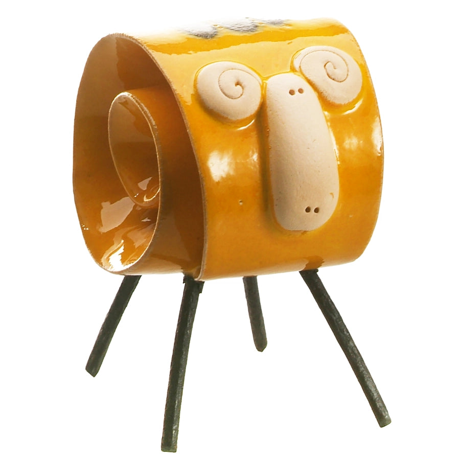 Yellow Handmade Ceramic Scroll Ram with Intricate Design and Glossy Finish