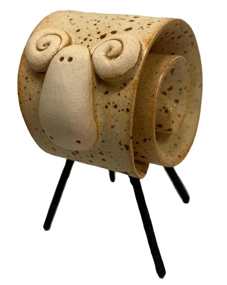 Earth-Toned Handmade Ceramic Scroll Ram with Textured Finish
