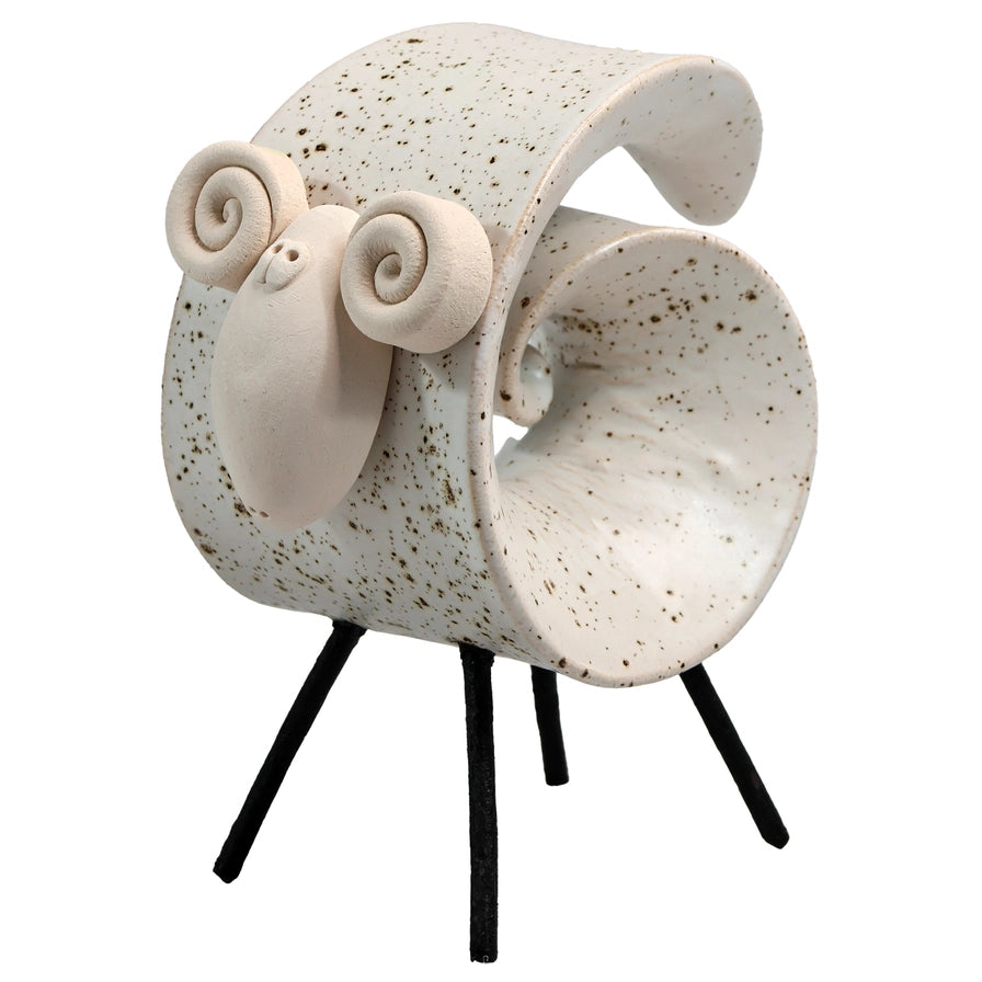 White Handmade Ceramic Scroll Ram with Speckled Texture