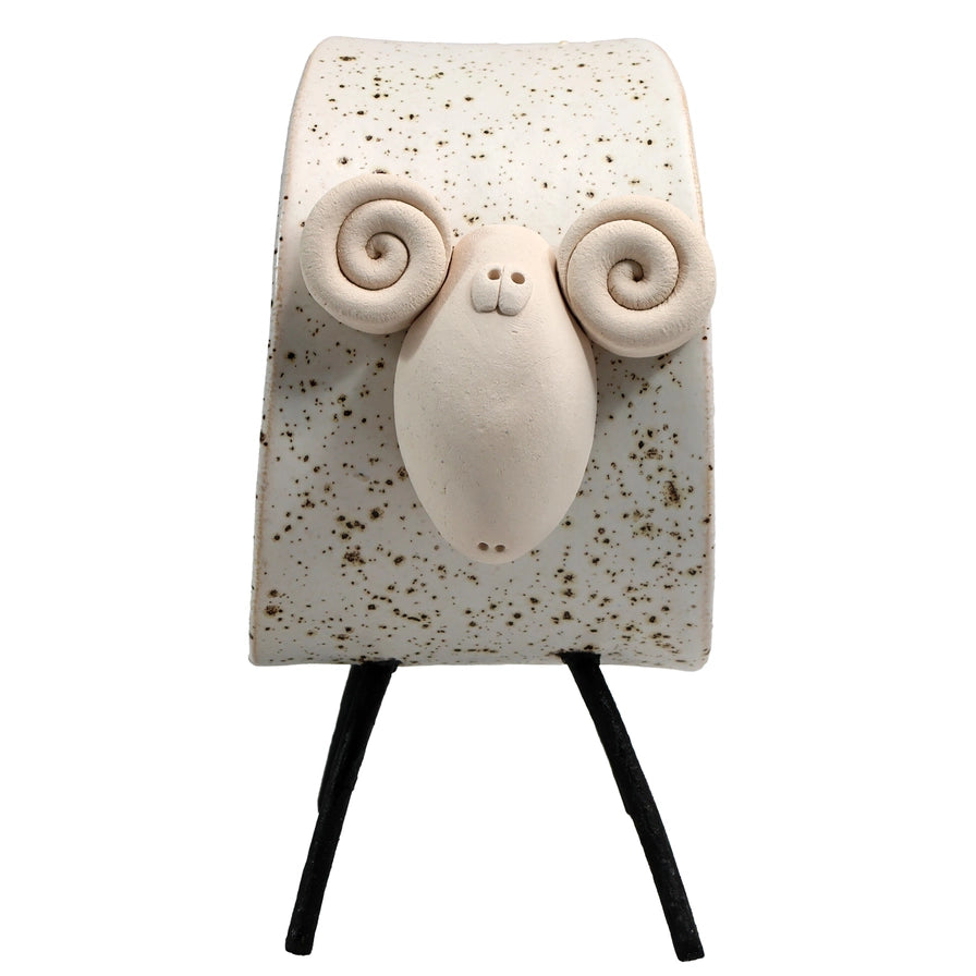White Handmade Ceramic Scroll Ram with Speckled Texture