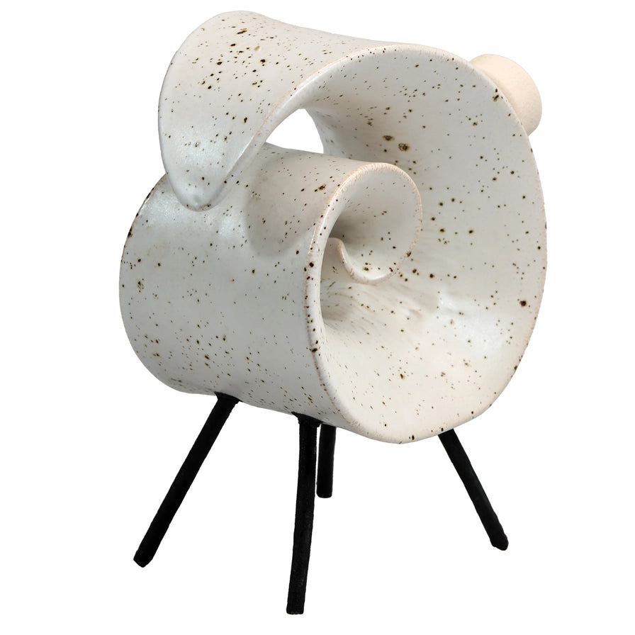 White Handmade Ceramic Scroll Ram with Speckled Texture