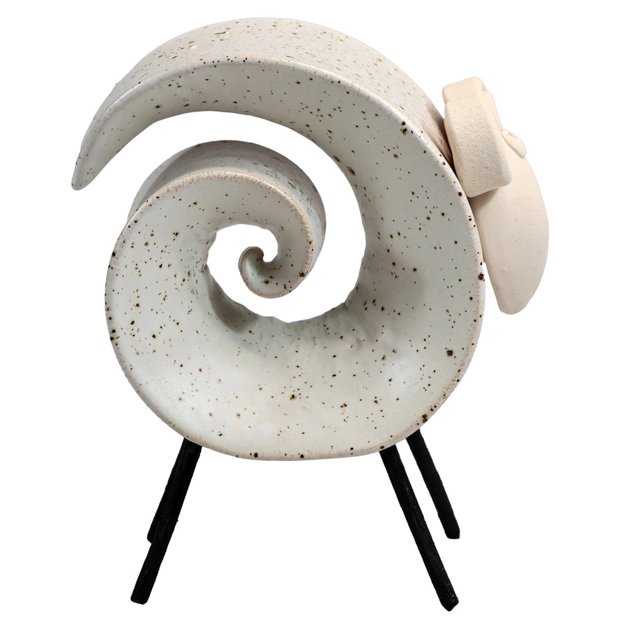 White Handmade Ceramic Scroll Ram with Speckled Texture