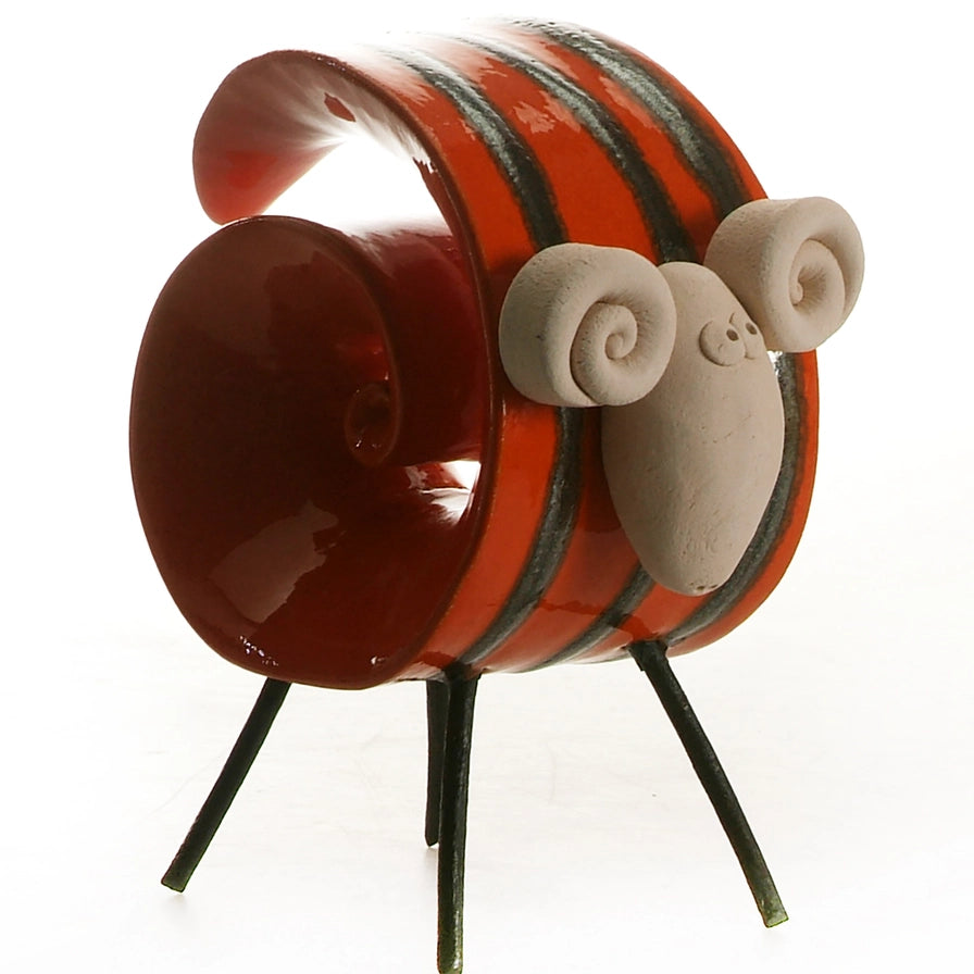 Orange Handmade Ceramic Scroll Ram with Bold Stripes and Glossy Finish