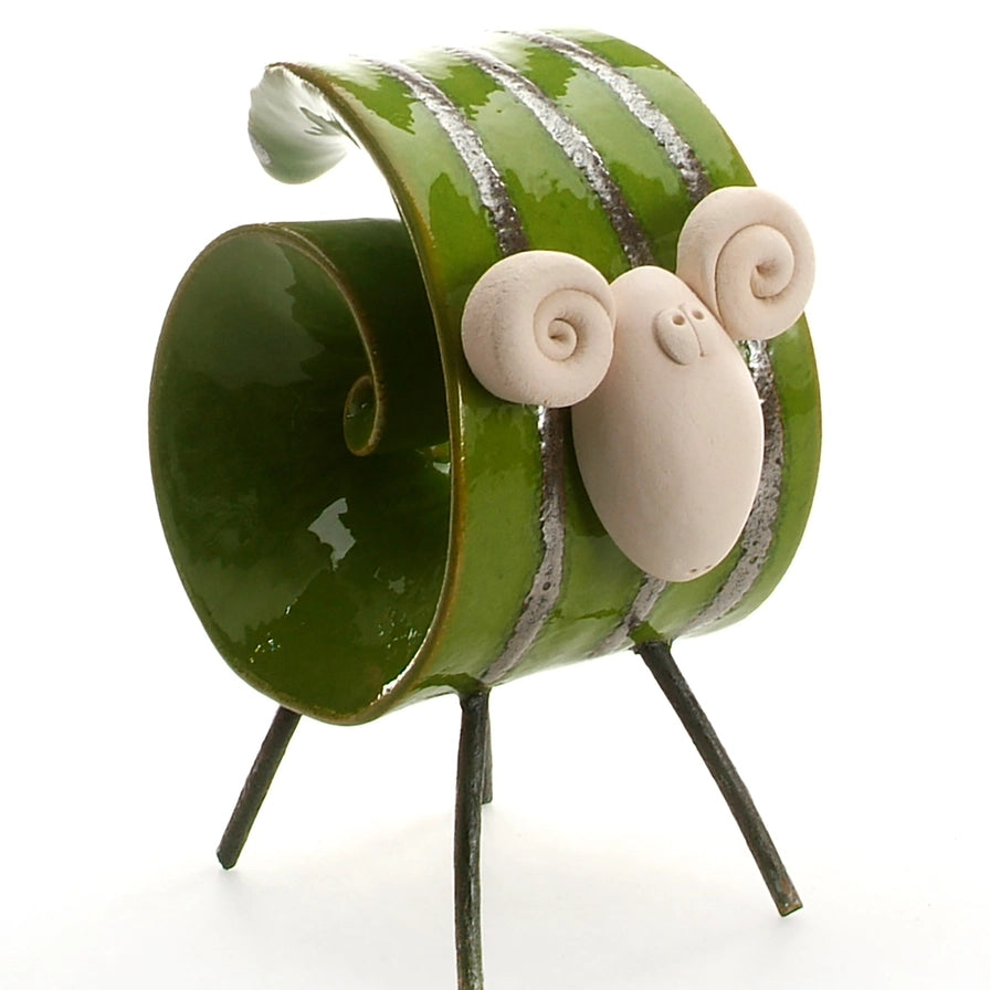 Green Handmade Ceramic Scroll Ram with Metallic Stripes and Glossy Finish