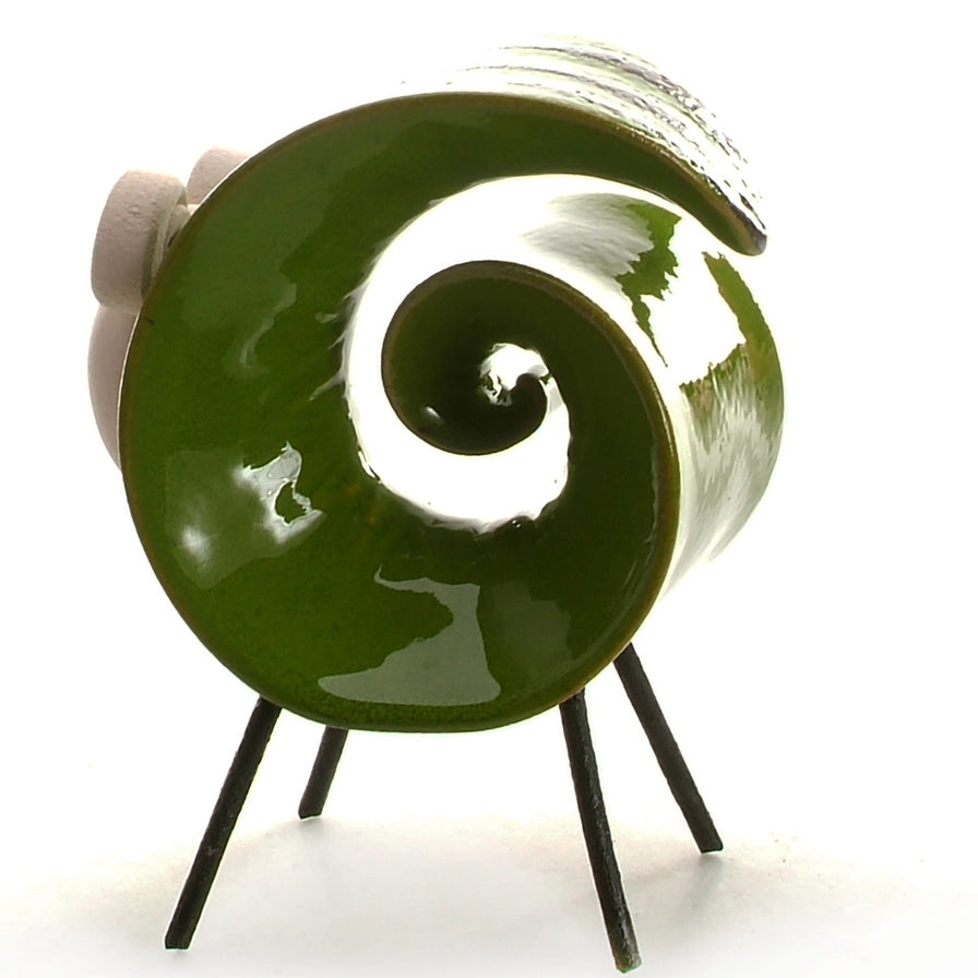 Green Handmade Ceramic Scroll Ram with Metallic Stripes and Glossy Finish