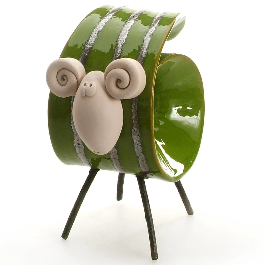 Green Handmade Ceramic Scroll Ram with Metallic Stripes and Glossy Finish