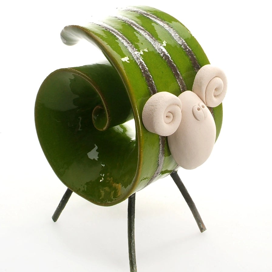 Green Handmade Ceramic Scroll Ram with Metallic Stripes and Glossy Finish