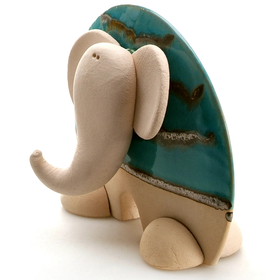 Handcrafted Ceramic Elephant with Mint Green and Blue Glaze