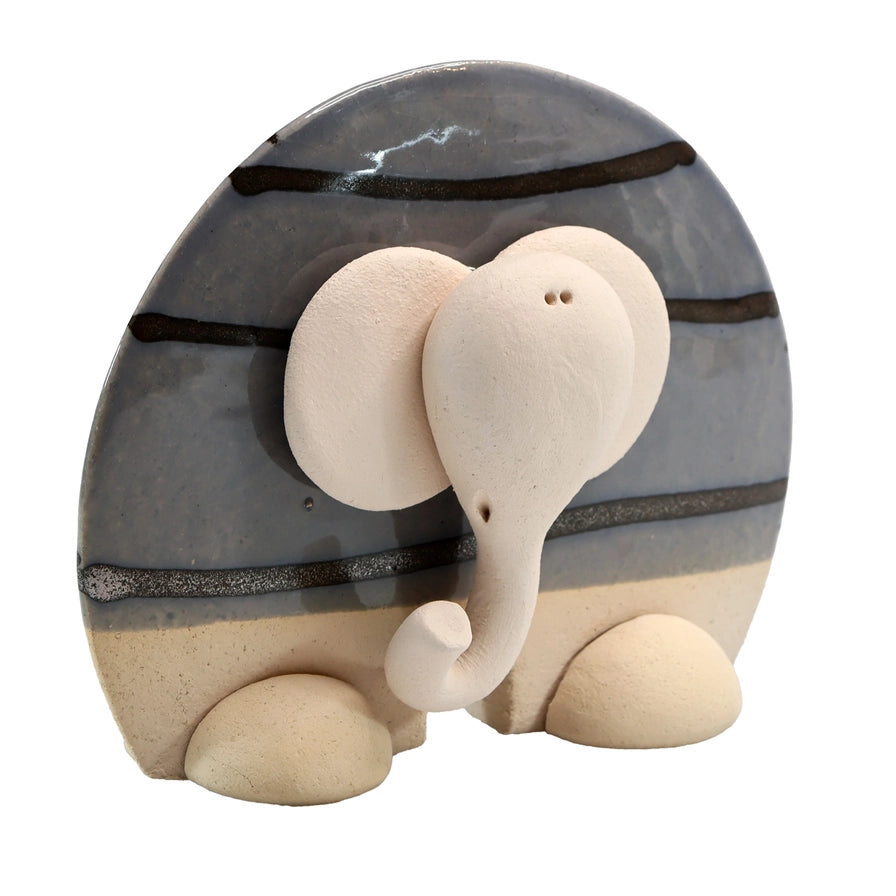 Handcrafted Ceramic Elephant with Grey and Black Stripes