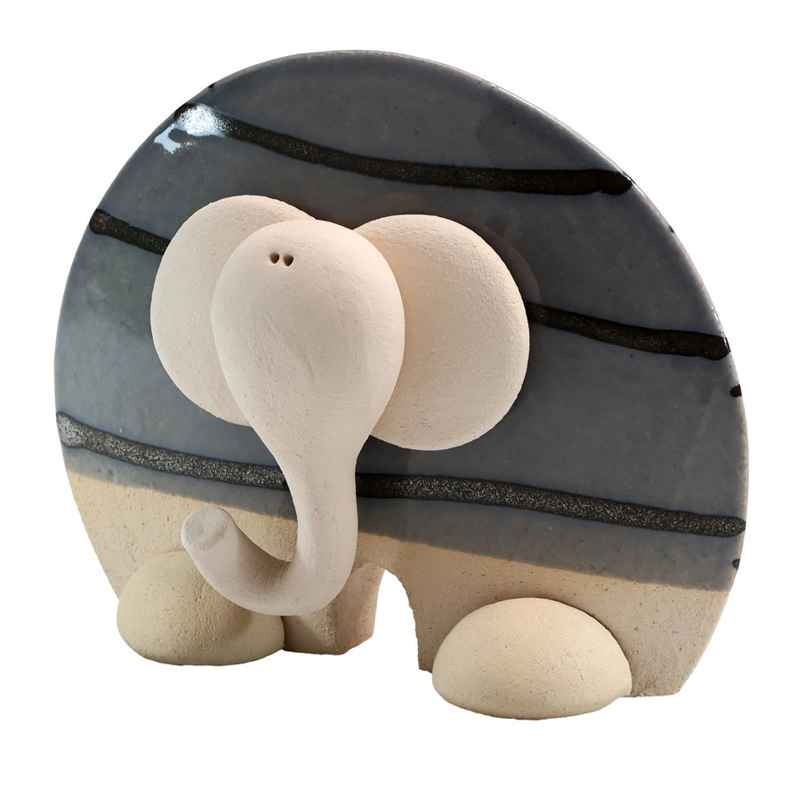 Handcrafted Ceramic Elephant with Grey and Black Stripes