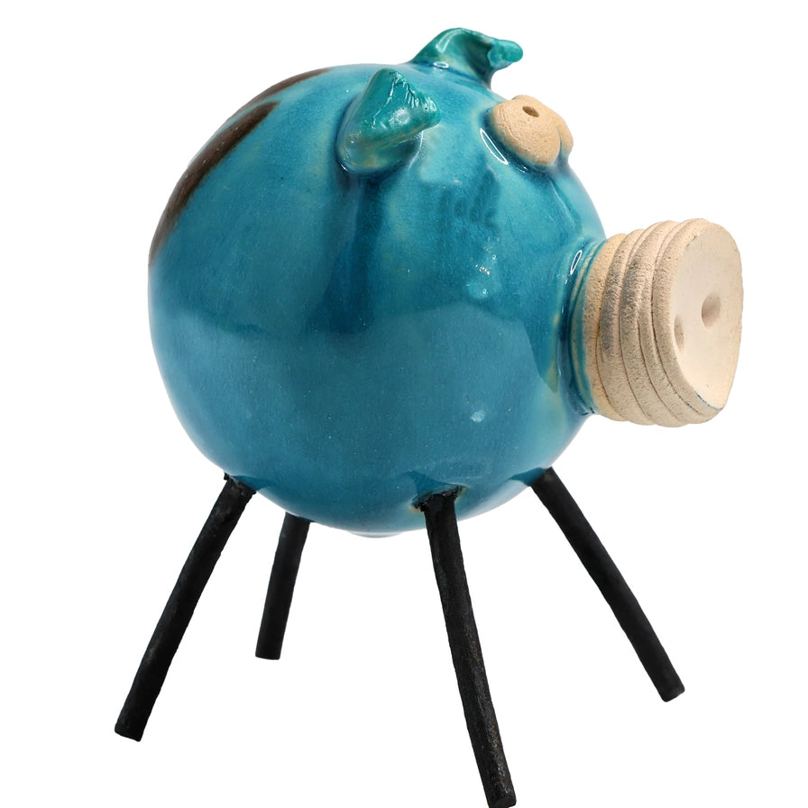 Handmade Ceramic Mint Piglet Sculpture with Iron Legs