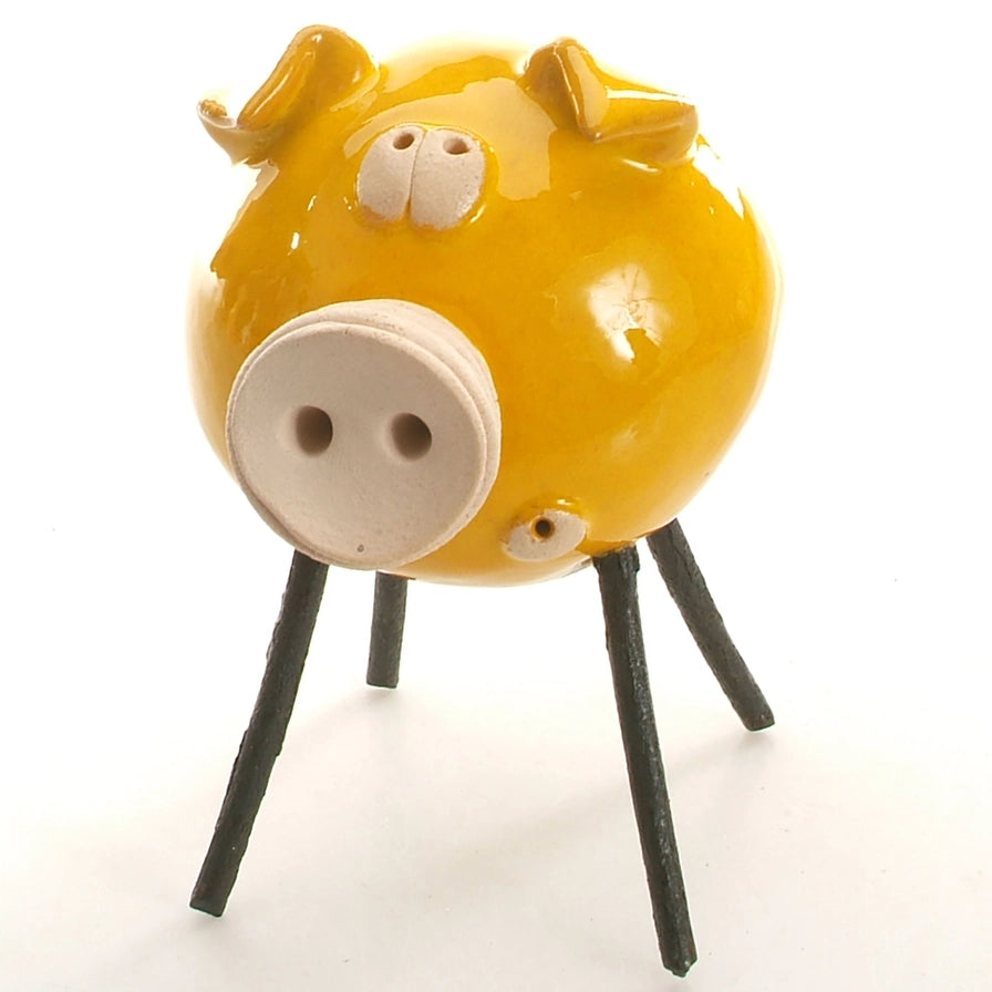 Handmade Ceramic Yellow Piglet Sculpture with Iron Legs