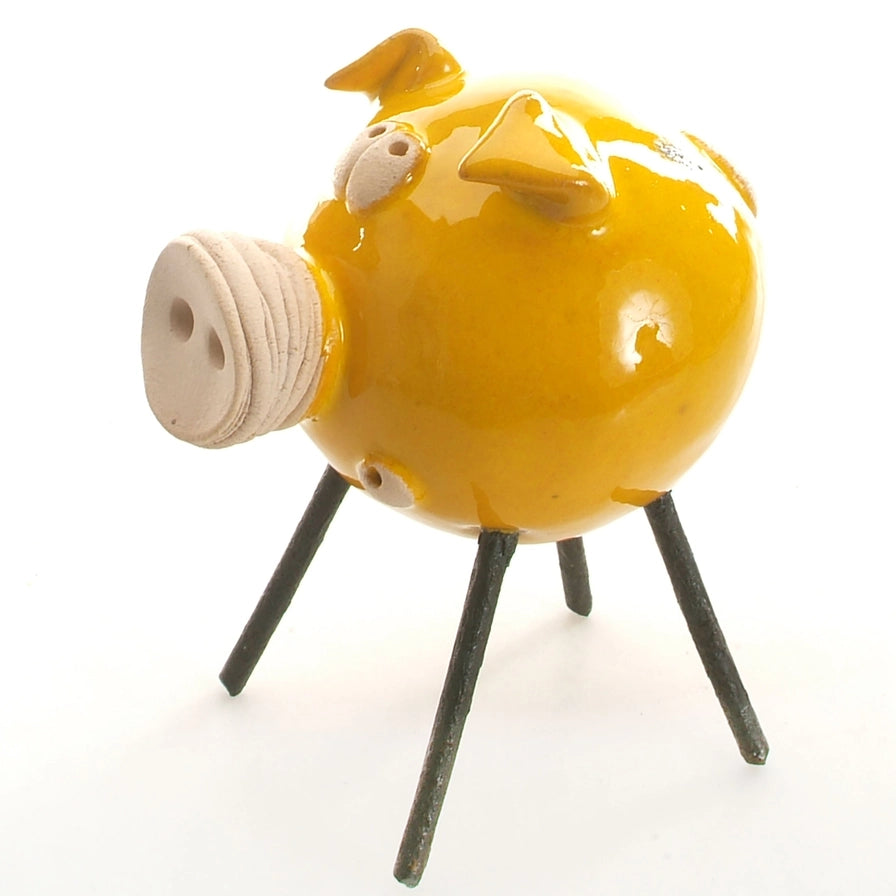 Handmade Ceramic Yellow Piglet Sculpture with Iron Legs