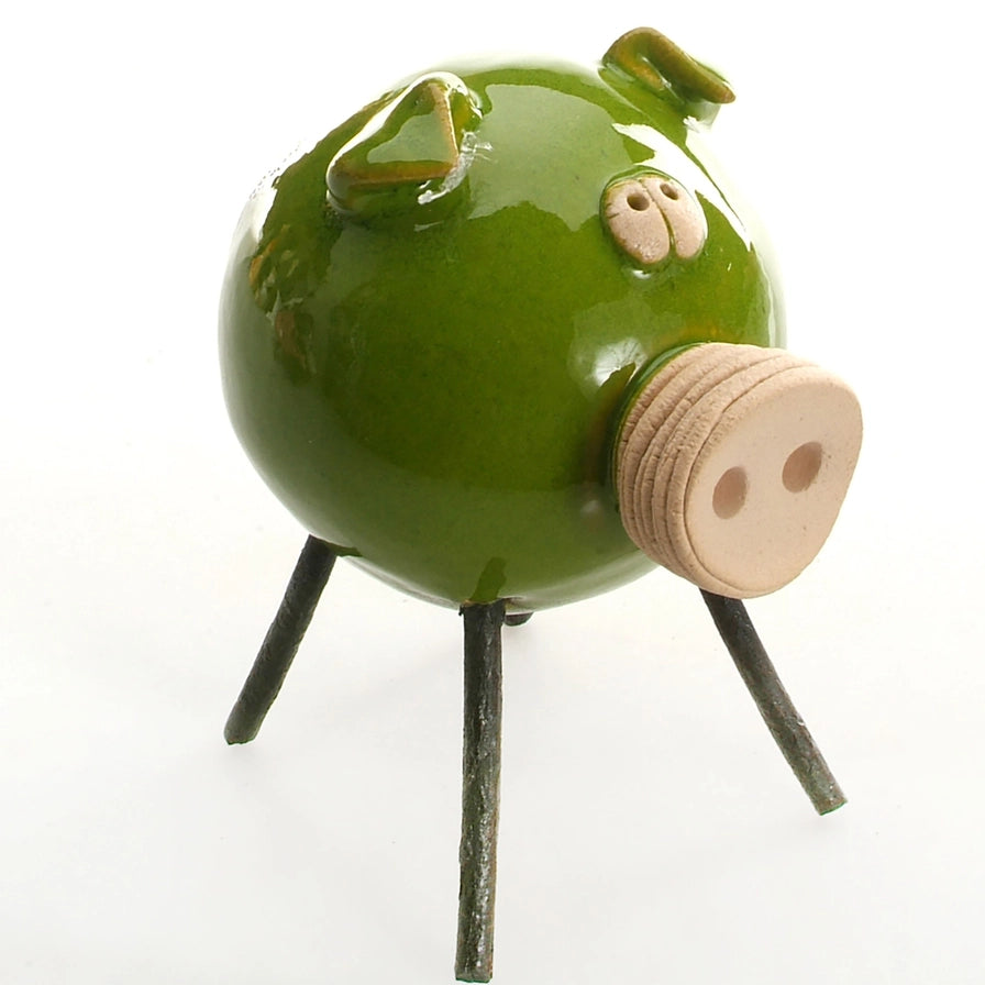 Handmade Ceramic Green Piglet Sculpture with Iron Legs