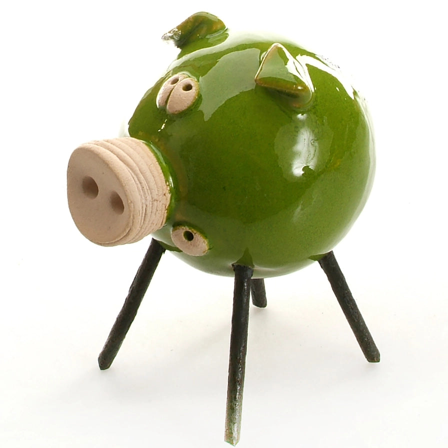 Handmade Ceramic Green Piglet Sculpture with Iron Legs