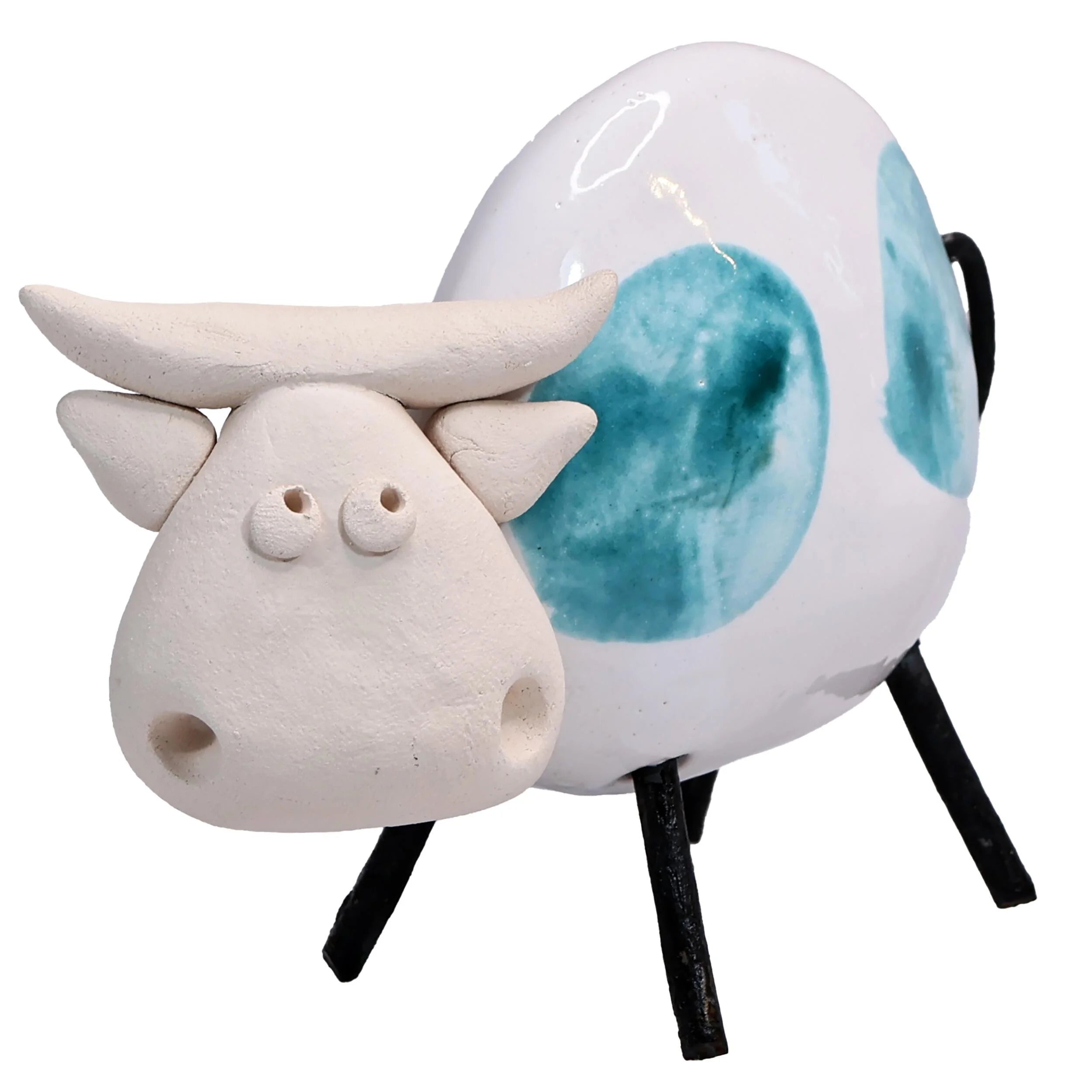 Handmade Ceramic Cow with Aqua Patches and Black Legs