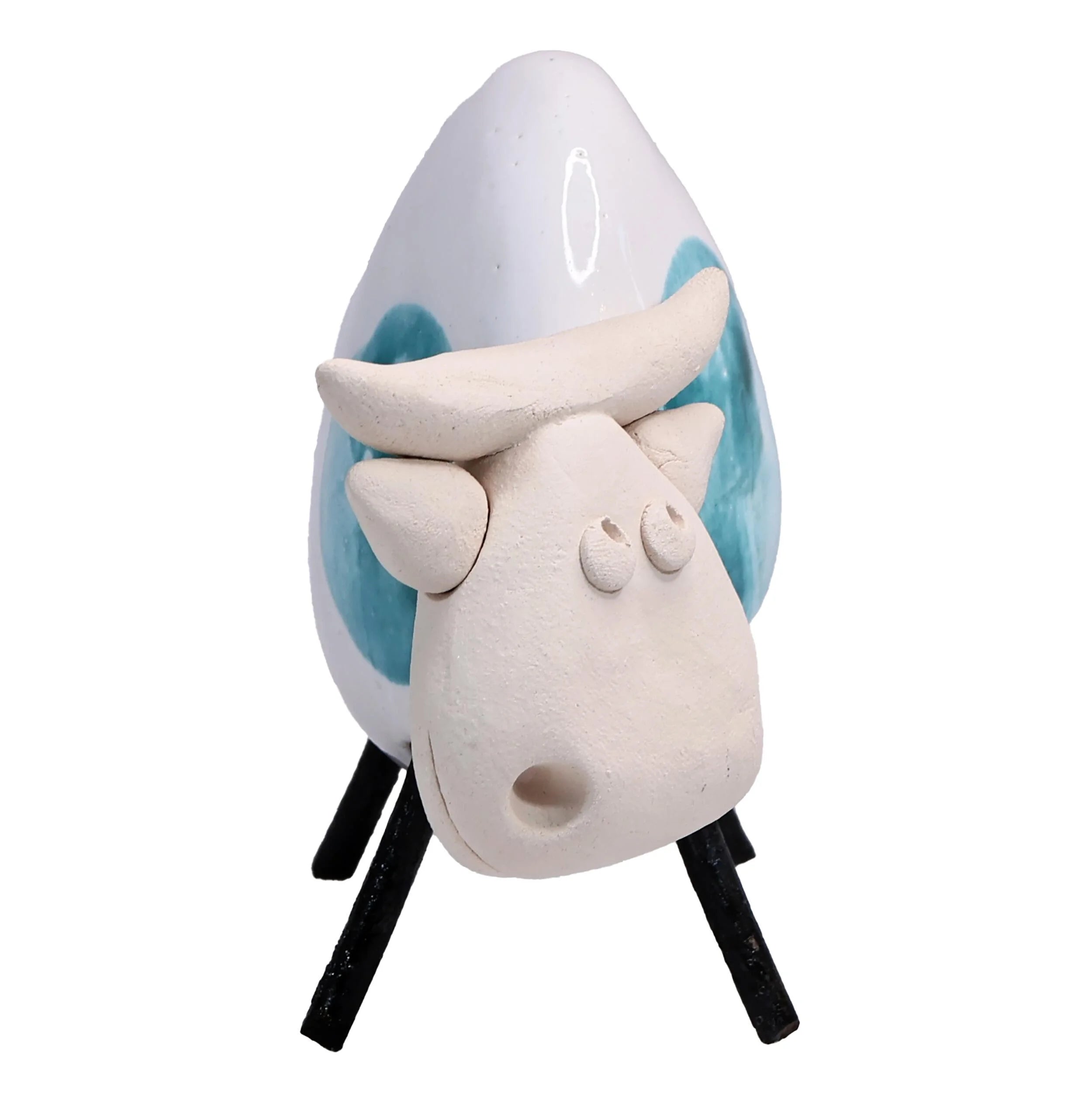 Handmade Ceramic Cow with Aqua Patches and Black Legs