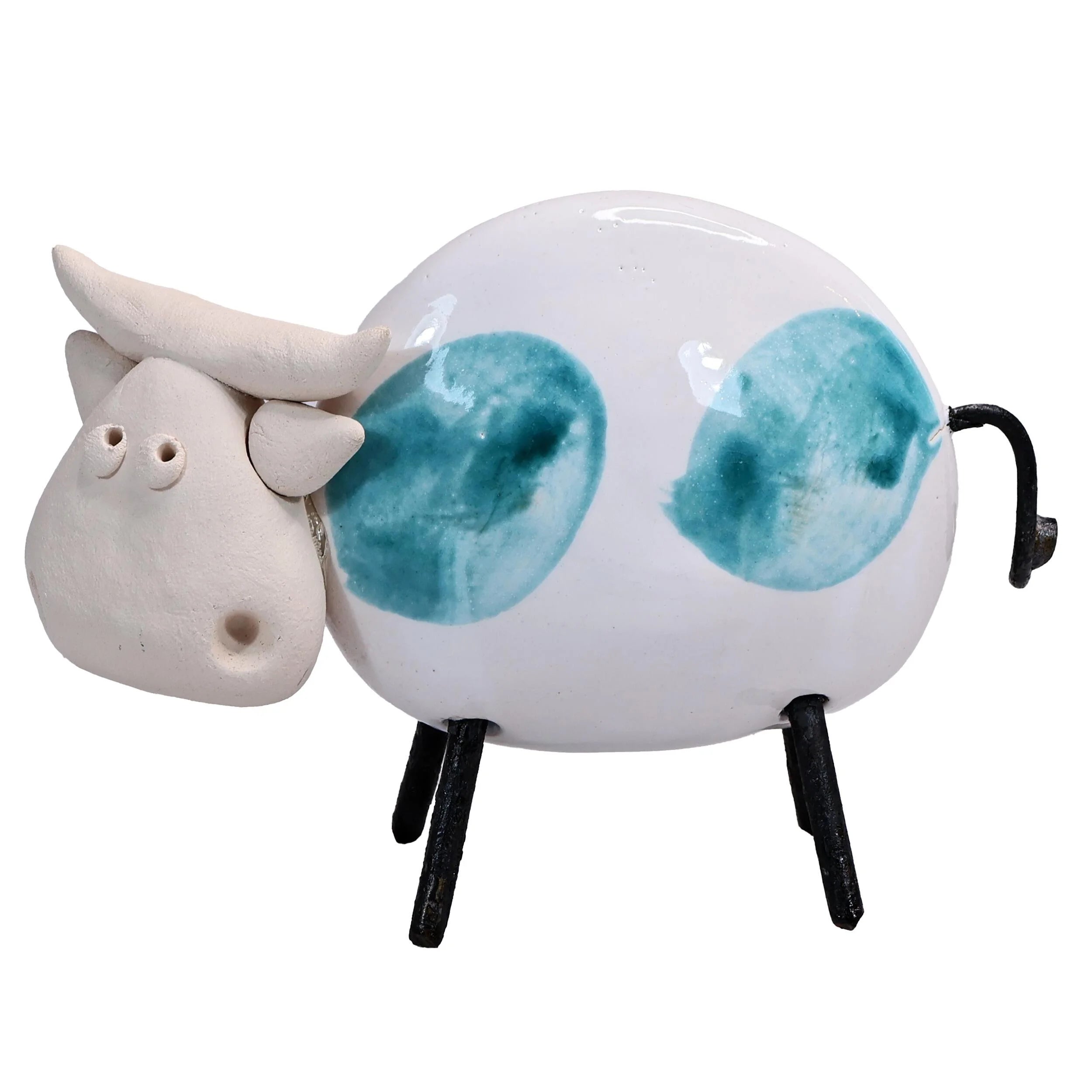 Handmade Ceramic Cow with Aqua Patches and Black Legs