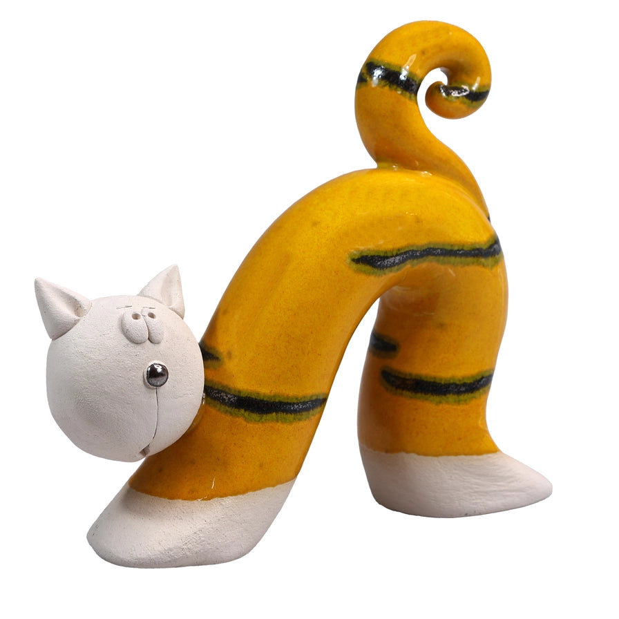 Handmade Yellow Ceramic Cat Figurine with Playful Curves