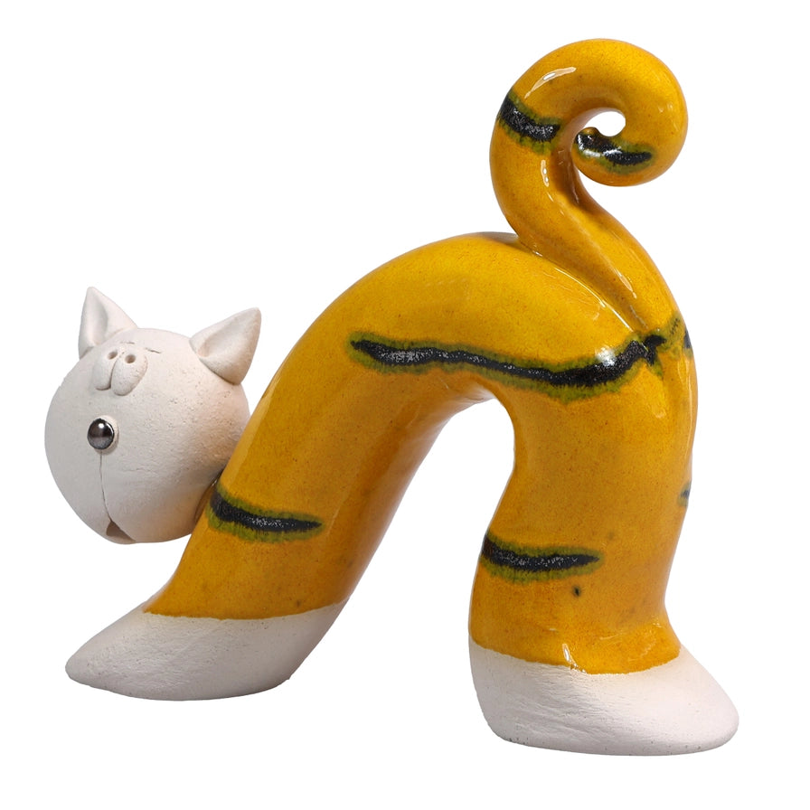Handmade Yellow Ceramic Cat Figurine with Playful Curves