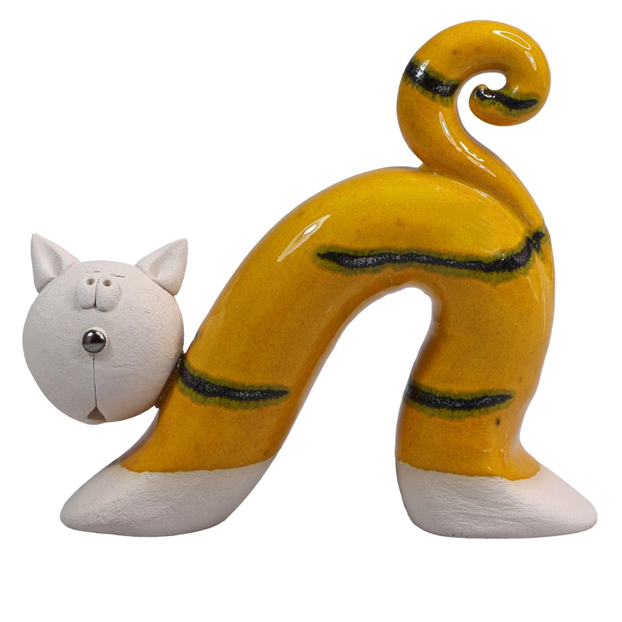 Handmade Yellow Ceramic Cat Figurine with Playful Curves