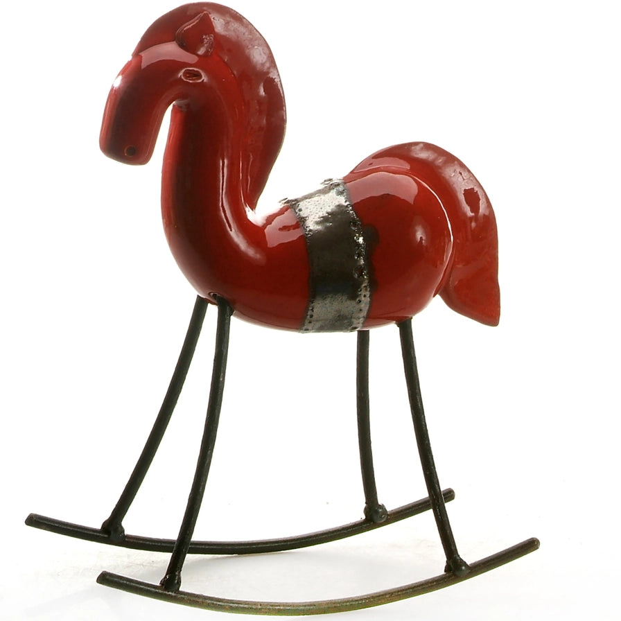 Handcrafted Ceramic Red Rocking Horse with Iron Legs