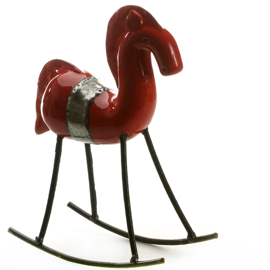 Handcrafted Ceramic Red Rocking Horse with Iron Legs