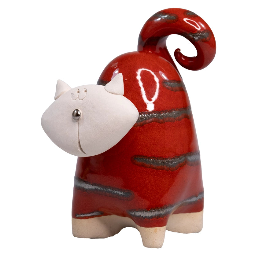 Handmade Ceramic Red Chunky Cat Figurine with Swirled Tail