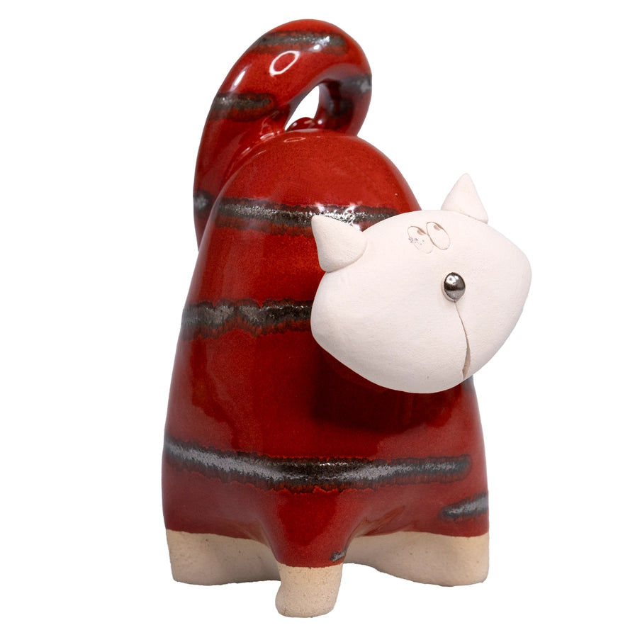 Handmade Ceramic Red Chunky Cat Figurine with Swirled Tail