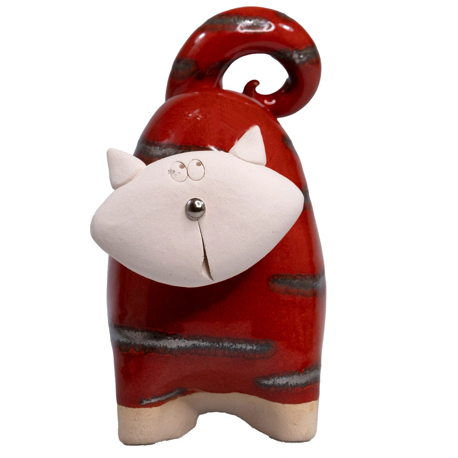 Handmade Ceramic Red Chunky Cat Figurine with Swirled Tail