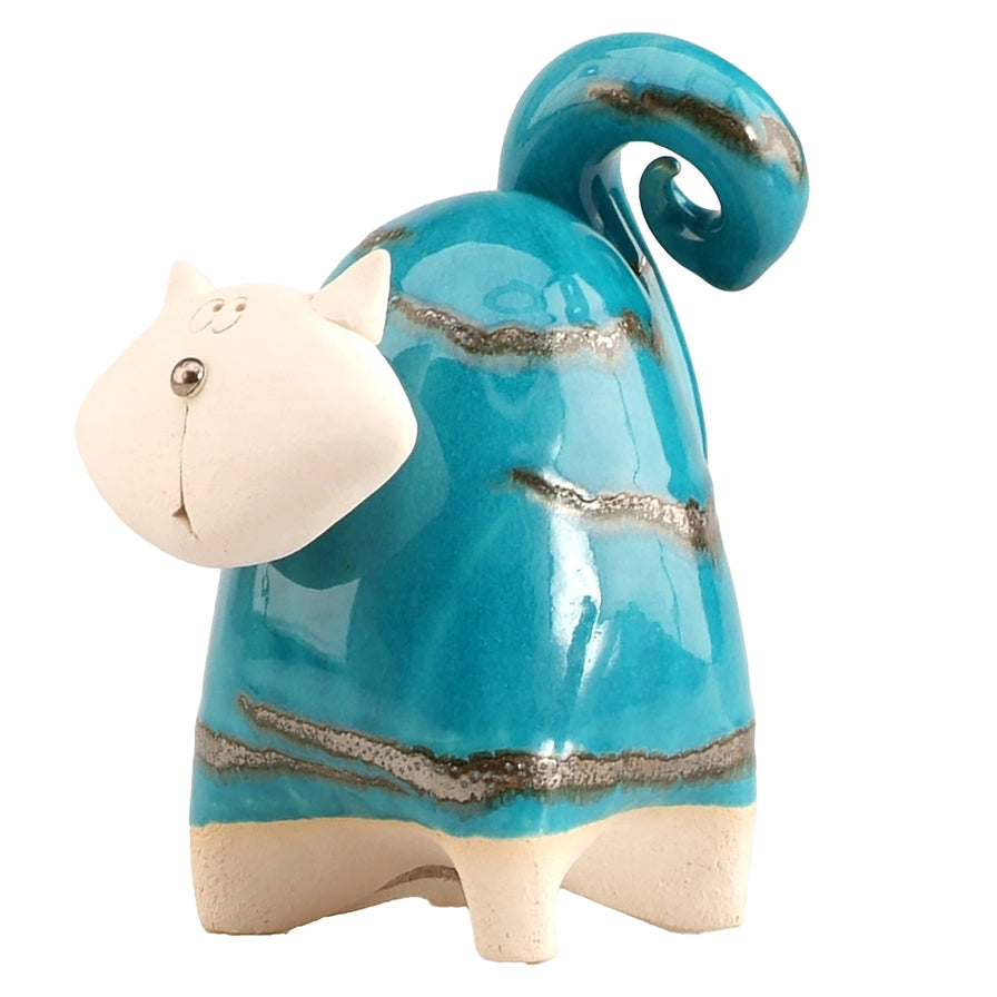 Handmade Ceramic Mint Chunky Cat Figurine with Swirled Tail