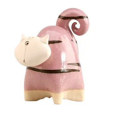 Handmade Ceramic Pink Chunky Cat Figurine with Swirled Tail