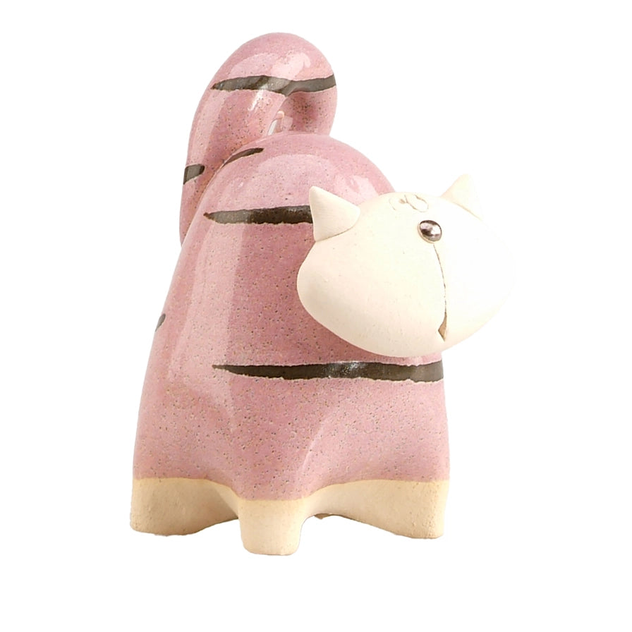 Handmade Ceramic Pink Chunky Cat Figurine with Swirled Tail