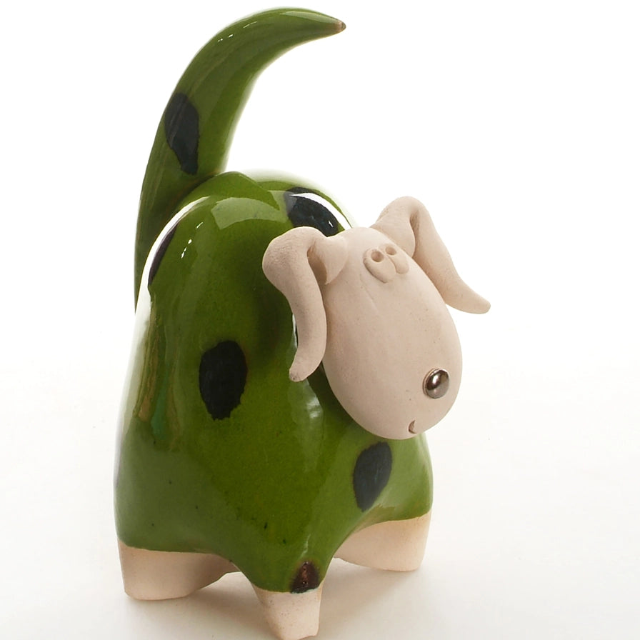Handmade Ceramic Green Chunky Dog Sculpture with Playful Ears
