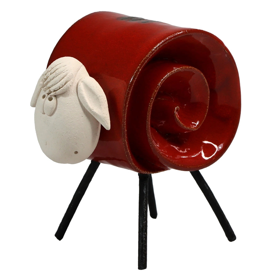 Red Handmade Ceramic Scroll Sheep with Glossy Finish