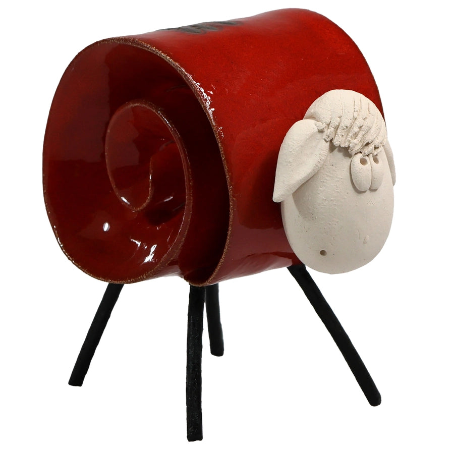 Red Handmade Ceramic Scroll Sheep with Glossy Finish