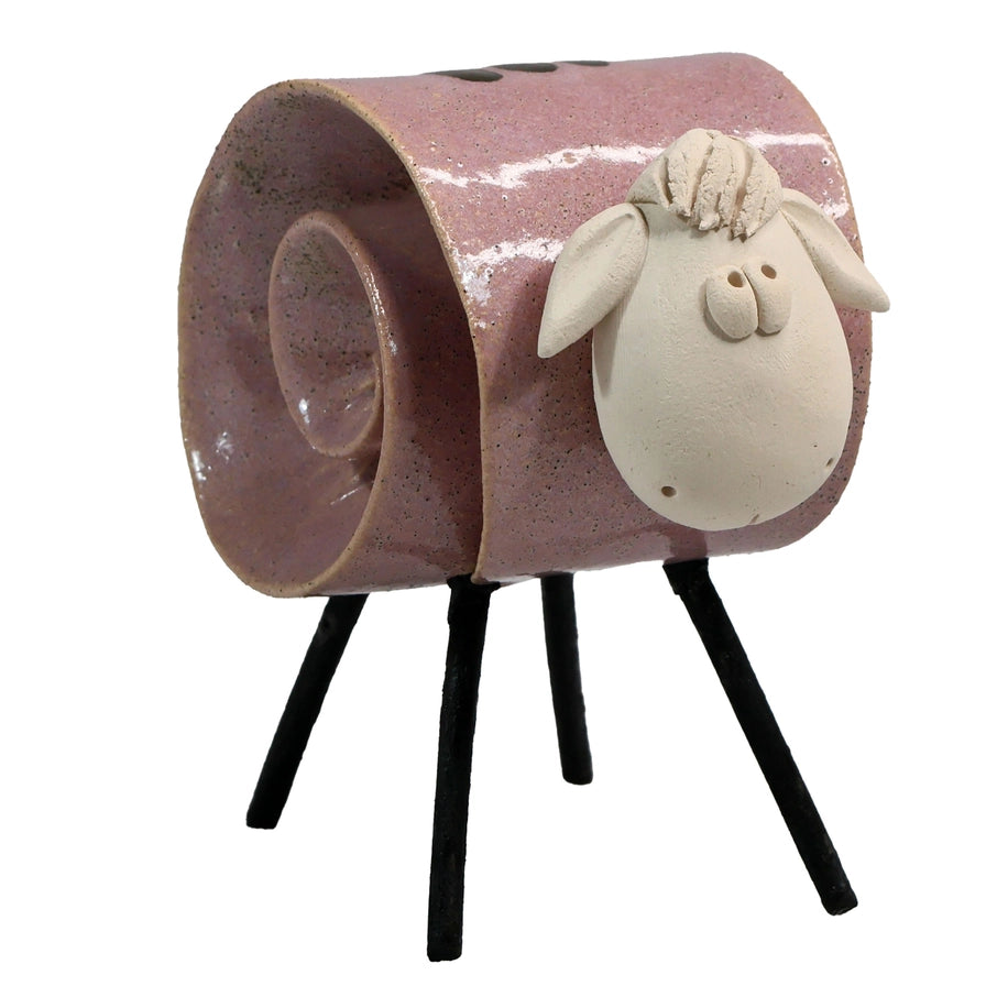 Pink Handmade Ceramic Scroll Sheep with Intricate Detailing