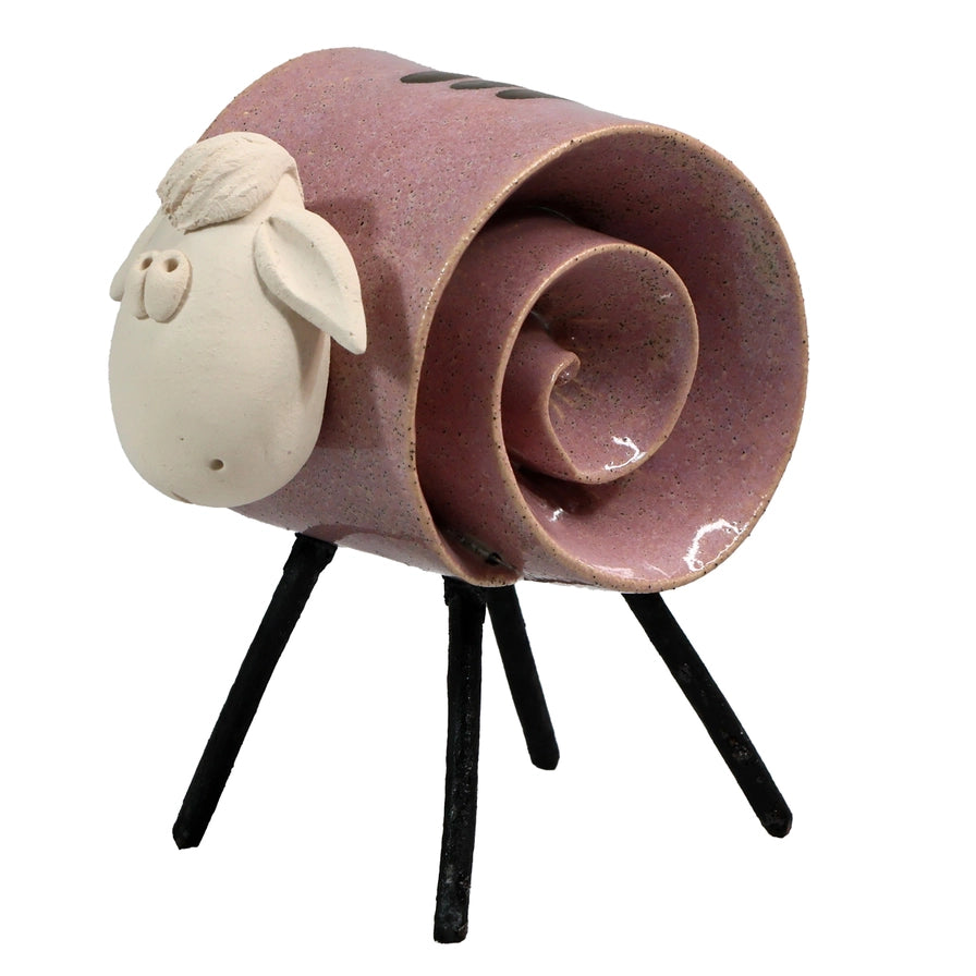 Pink Handmade Ceramic Scroll Sheep with Intricate Detailing