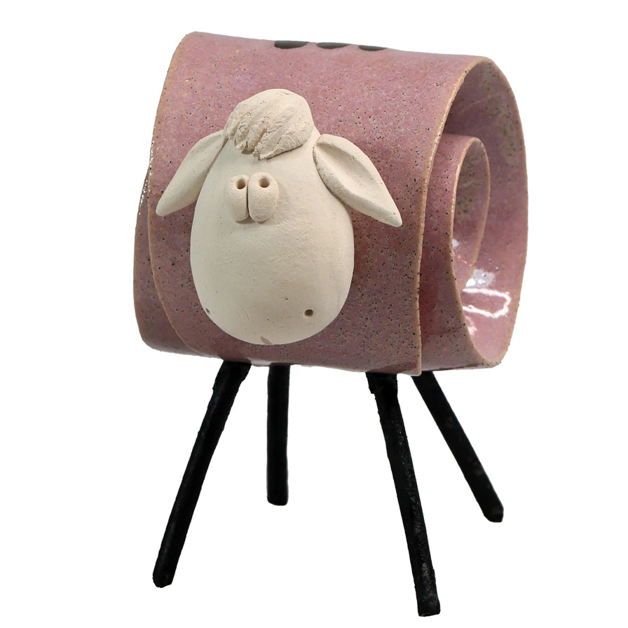 Pink Handmade Ceramic Scroll Sheep with Intricate Detailing