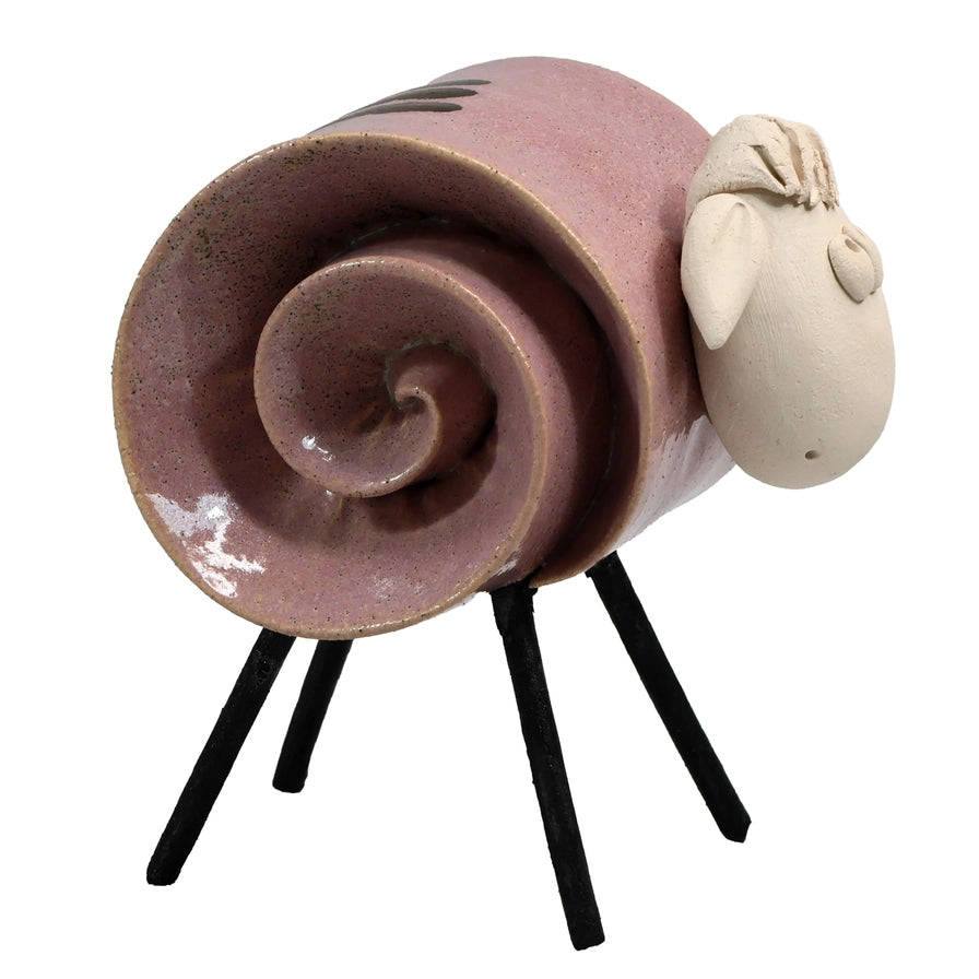 Pink Handmade Ceramic Scroll Sheep with Intricate Detailing
